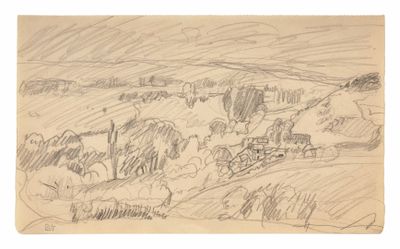 dessin au crayon représentant un paysage avec une ferme et un cheval, réalisé par un homme