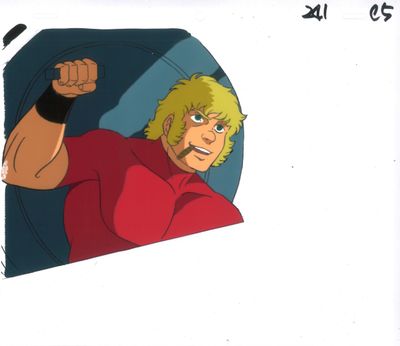 un dessin d'animation représentant un homme en chemise rouge, le poing levé