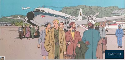 une image représentant un dessin humoristique montrant un groupe de personnes debout devant un avion