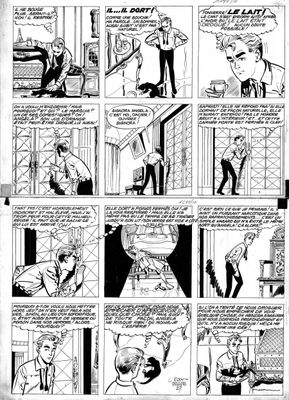 une bande dessinée en noir et blanc représentant un homme en costume-cravate