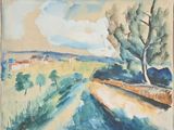 une image représentant une aquarelle représentant un paysage avec des arbres