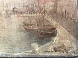 painting of a boat in a body of water with a city in the background