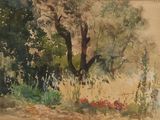 une peinture d'un arbre au milieu d'un champ