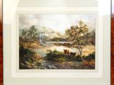painting of a river scene with cows and a waterfall in the distance