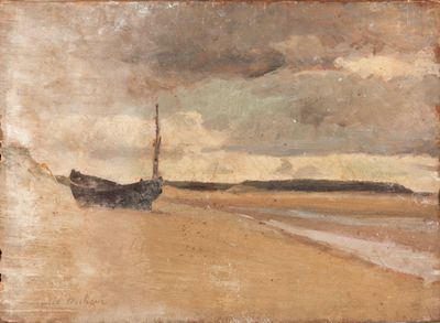 une peinture d'un bateau sur la plage au bord de l'eau