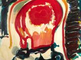 abstract painting of a red and white piece of art with black and yellow accents