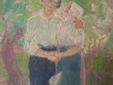 an oil painting of a woman holding a child and a dog