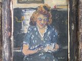 une peinture à l'huile représentant une femme assise devant une fenêtre