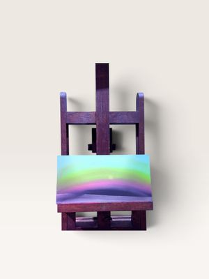 peinture violette et verte posée sur un chevalet en bois, sur fond blanc