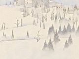 un dessin représentant une maison au milieu d'un champ enneigé