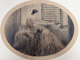 painting of a woman sitting at a table with a dog