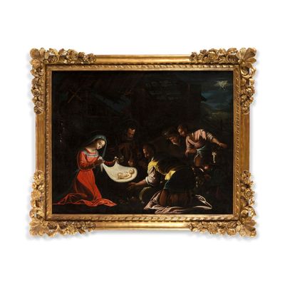 une peinture à l'huile représentant un homme et une femme dans une étable, en compagnie d'un chien