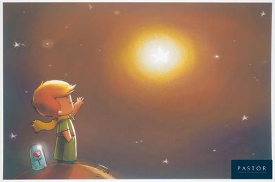 the little boy is standing on a hill looking at the stars