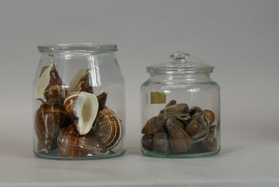 two glass jars with shells inside of them on a table