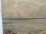 an oil painting of a sailboat on the ocean near a rocky shore