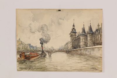 painting of a boat on a river with a castle in the background