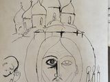 drawing of a woman ' s face and a man ' s face with a church in the background