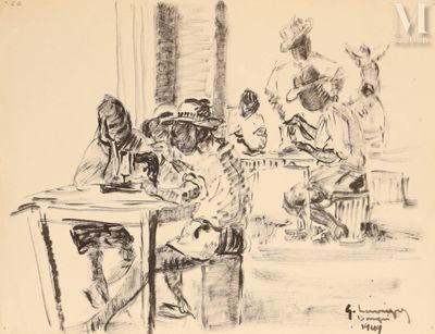 dessin représentant un groupe de personnes assises autour d'une table en compagnie d'un chien