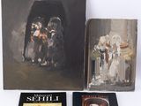 three books on a table with pictures of people in a cave
