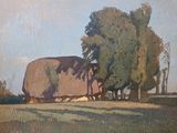 tableau représentant une grange dans un champ, avec des arbres en arrière-plan