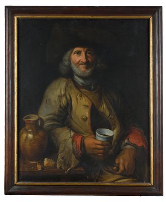 une peinture à l'huile représentant un homme tenant une tasse à la main