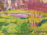 an oil painting of a green field with trees in the background