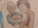 a drawing of a woman holding a bowl of food