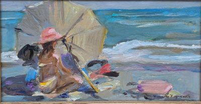 a painting of a woman with a parasol on the beach