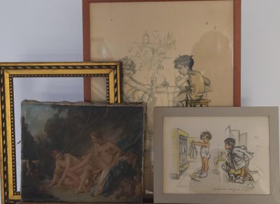 three framed pictures on a shelf next to a painting