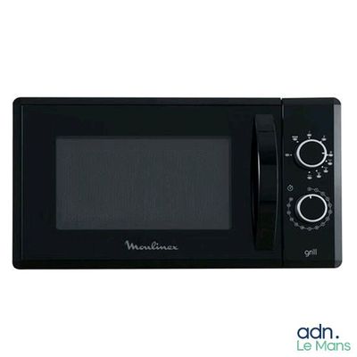 black microwave oven sitting on top of a white counter top