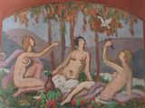a painting of a group of naked people sitting on the ground