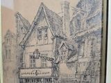 drawing of a building with a clock on the front of it