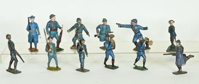 many figurines of men dressed in blue uniforms