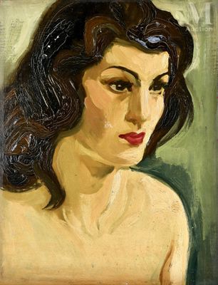 une peinture à l'huile représentant une femme aux cheveux foncés sur fond vert