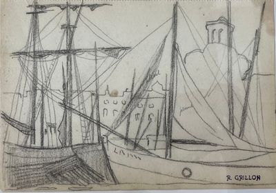 dessin représentant un bateau dans un port, avec un phare en arrière-plan