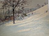 a painting of a snowy landscape with trees in the foreground