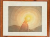 painting of a person standing in front of a sun with a mountain in the background