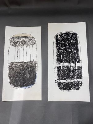 two drawings of a cell phone and a jar of liquid