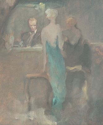 tableau représentant une femme en robe bleue debout devant un miroir