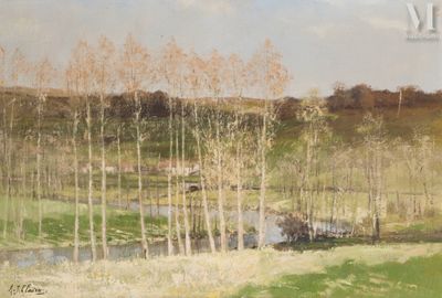 a painting of a field with trees and a stream