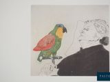 un dessin représentant un perroquet perché sur l'épaule d'un homme