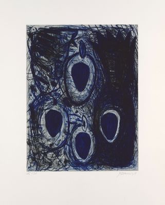an image of a blue and white drawing of four vases on a table