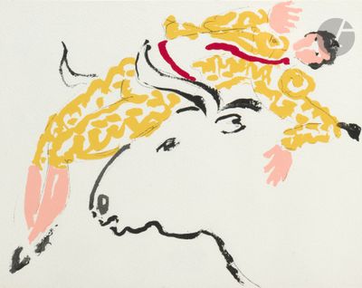 an image of a drawing of a man riding a cow