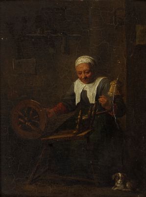 tableau représentant une femme filant à un rouet dans une pièce sombre
