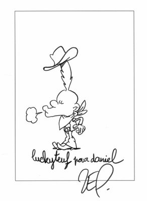 un dessin en noir et blanc représentant un homme coiffé d'un chapeau de cow-boy et tenant un pistolet