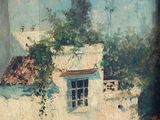 painting of a white house with a red roof and a red door