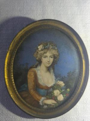 painting of a woman in a blue dress holding a bouquet of flowers