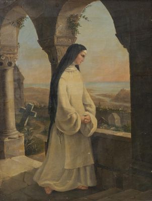an old painting of a woman in a white robe standing by a window