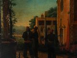 painting of two men standing in front of a building on a street