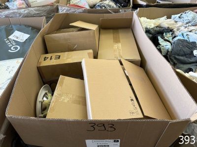 many boxes of clothes and other items in a room